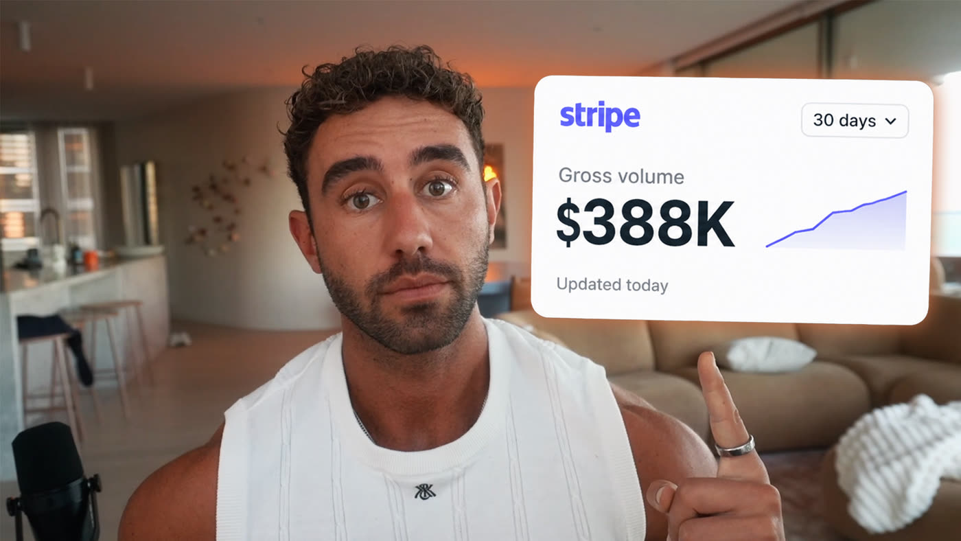 Zac Perna beside a Stripe dashboard showing $388K gross volume over 30 days